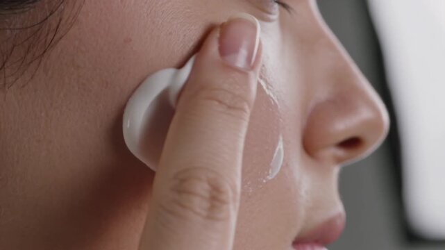 Extreme close-up side shot of a woman's face as a finger smoothly applies white cream onto her cheek, highlighting skincare and beauty treatment.