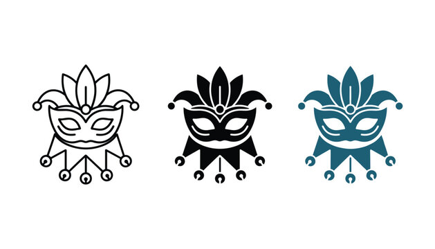 Venetian masquerade mask icon set in three styles featuring line art silhouette and teal flat design for carnival festival celebration and costume party branding on clean white background