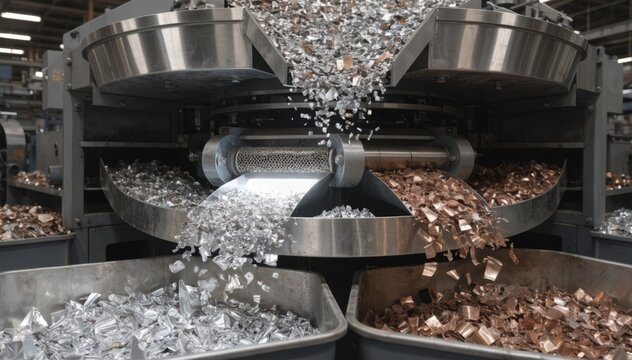 Medium shot of an automated optical sorting system separating various scrap metals based on color and reflectivity for efficient recycling in cookware manufacturing.