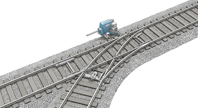 Illustration of a railroad switch mechanism and intersecting train tracks demonstrates civil engineering and transport infrastructure.