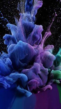 Mesmerizing fluid dynamics of blue and purple ink swirling with gold glitter on black background