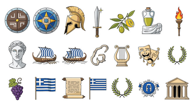 Collection of ancient Greek icons features historic symbols like a Spartan helmet, shields, olive branches, and classic architecture.