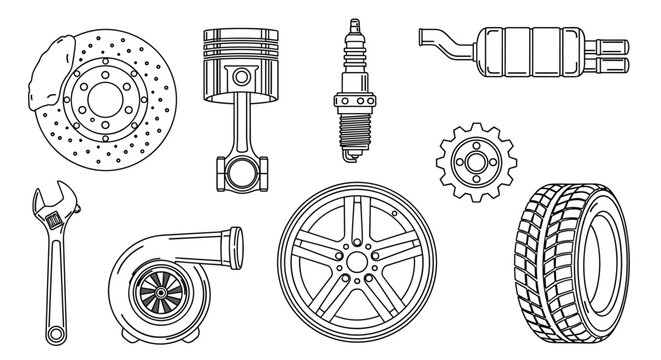 Set of car engine and mechanical parts icons includes items like a tire, wheel, piston, spark plug, and brake disc in line art.