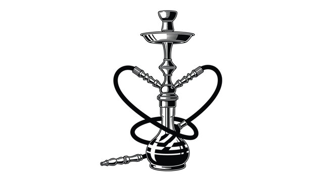 Detailed black and white engraving style illustration of a traditional hookah pipe shows intricate patterns and classic design elements.