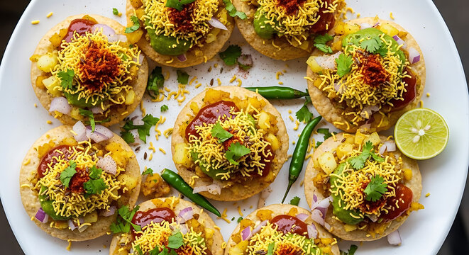 Sev puri topped with crunchy noodles and fresh herbs creates a vibrant Indian street snack.