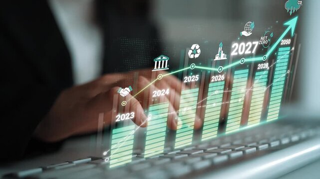 Hands Typing on a Keyboard with Data Visualization of a Rising Graph Showing Financial Growth and Sustainability Efforts to 2050 Sigmoid