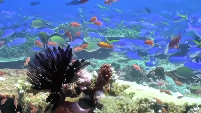 A mesmerizing school of brilliant blue fish drifts through a sunlit tropical coral garden. Smaller orange and red fish add splashes of color to this bustling underwater world, alive in daylight.