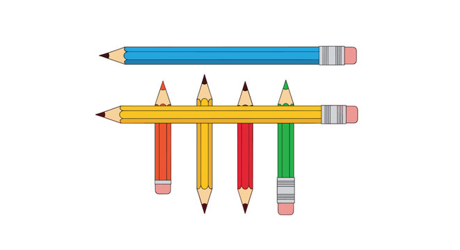Collection of assorted colored pencils including blue, yellow, orange, red, and green arranged horizontally and vertically.