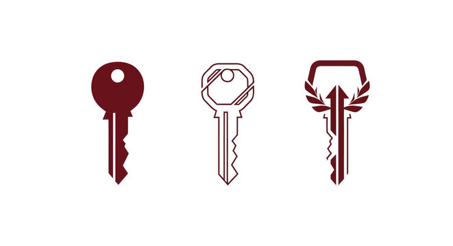Three distinct key designs in burgundy and silver tones.