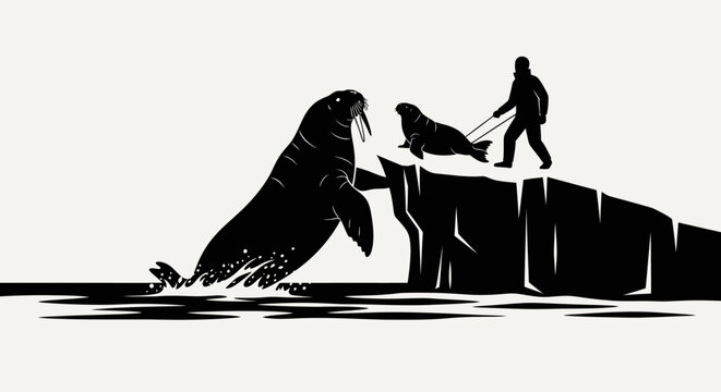 Man walking two dogs near large bird on rock.