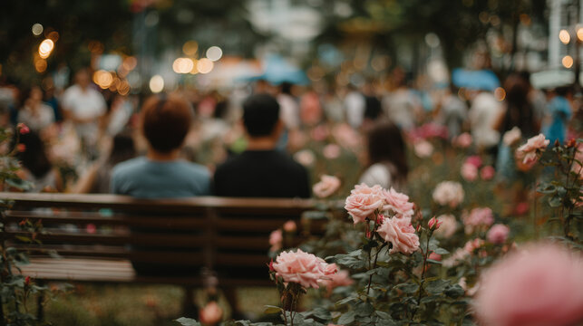 Couple sitting on a bench at Sam Cheok Rose Park Festival surrounded by pink roses and people