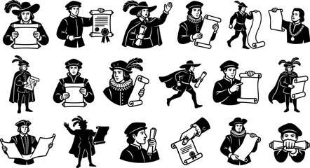 Obraz premium Renaissance Messenger Icon Set Isolated on White Background – Historical Herald, Royal Decree, Scroll Document and Medieval Courier Vector Symbols