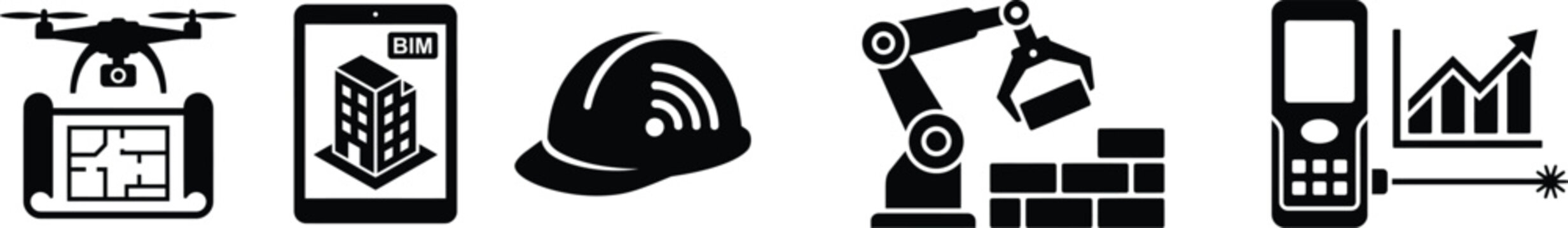 Black and white construction technology icons set