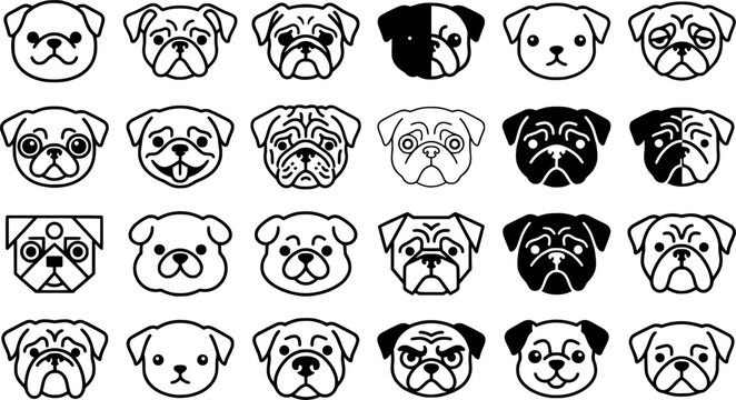 Pug Dog Head Icon Set Isolated on White Background &ndash; Cute Puppy Face, Pet Portrait, Animal Mascot and Dog Breed Vector Symbols