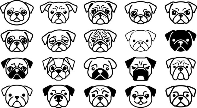Pug Dog Head Icon Set Isolated on White Background &ndash; Cute Puppy Face, Pet Portrait, Animal Mascot and Dog Breed Vector Symbols