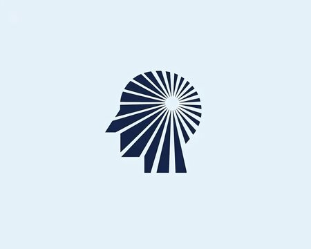 Minimalist Flat Logo Dark Blue Side Profile Human Head Radiating Lines From Center Light Blue Background Bright Ideas Thinking Inspiration
