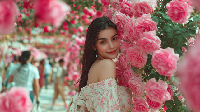 Woman enjoying Sam Cheok Rose Park Festival with vibrant flowers