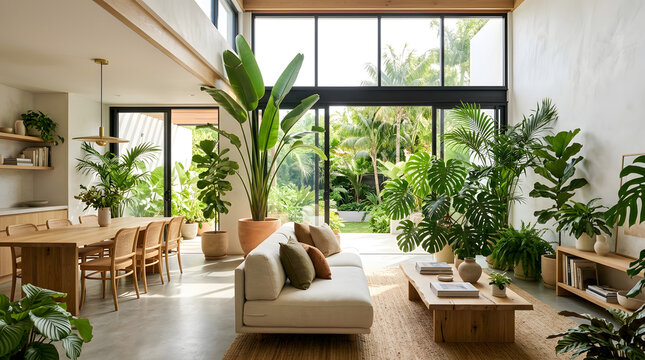 modern living room with wooden table and chairs, sofa and large window view, elegant indoor interior design with wood furniture and luxury home decor
