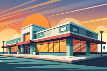 Obraz premium Modern storefront building with large windows and sunset background in a vector graphic design