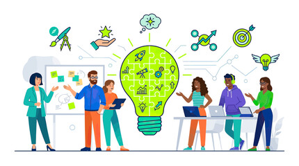 Fototapeta premium Diverse team brainstorming innovative ideas, light bulb concept, business strategy