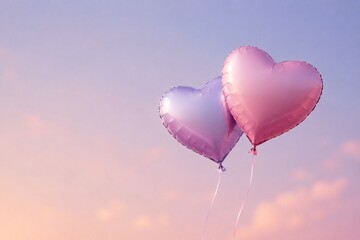 Fototapeta premium Pastel heart-shaped balloons floating in a romantic, minimalist setting.