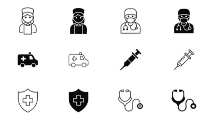 Medical icons set including doctors nurses ambulance and medical equipment on transparent background © Silhouette boss 7067