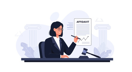Fototapeta premium Lawyer or Judge Reviewing Affidavit and Gavel on Desk, Justice Concept Illustration