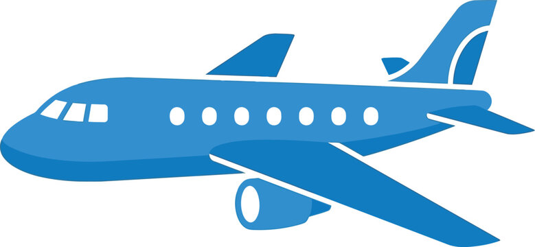 Airplane illustration shows blue plane flying through clear sky with wings