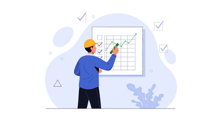 Obraz premium Engineer analyzes growth chart on a whiteboard, planning strategy and project progress with checklist and markers in a modern flat design.