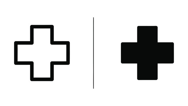 Black and white cross symbols with and without outline on white background