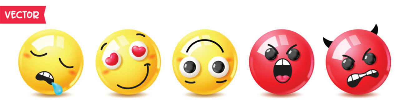 Emoji faces clipart set. 3d emoji glossy character in sick, love, dizzy, shouting angry, and furious devil faces facial expressions. Vector illustration. 

