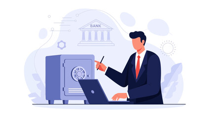 Naklejka premium Man in Suit Interacts with Safe and Laptop, Bank Building Illustration