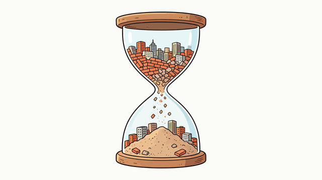 Sandglass with miniature city architecture crumbling down to sandpile, symbolizing urban decay over