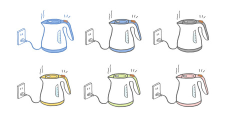 電気ケトルでお湯を沸かすイラストセット 湯気とコンセント 線画 6色カラーバリエーション © ノラン