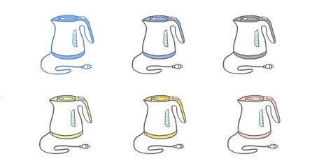 電気ケトルとコンセントプラグの線画イラストセット 家電 6色カラーバリエーション © ノラン