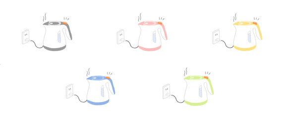 電気ケトルでお湯を沸かすイラストセット 湯気とコンセント 線画 6色カラーバリエーション © ノラン