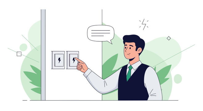Man pressing light switch, energy concept, modern flat illustration with green abstract shapes and plants