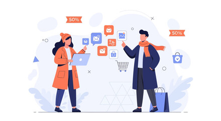 Fototapeta premium Modern Flat Illustration of Couple Shopping Online with Digital Icons and Sale Promotions
