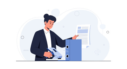 Fototapeta premium Office Worker Filing Documents with Hole Punch and Binder: Vector Illustration for Business and Administration Concepts