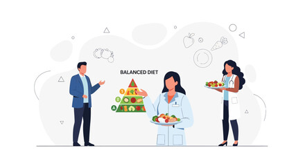 Fototapeta premium Nutritionists Presenting Balanced Diet Pyramid with Healthy Food Options