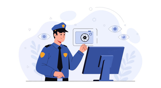 Police Officer Monitoring Surveillance System on Computer Screen with Security Camera and Eyes Icons