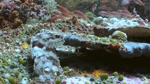 A master of disguise, a scorpionfish merges seamlessly into the vibrant coral reef at daylight. Brightly colored reef fish innocently swim by, entirely oblivious to the silent, watchful hunter.