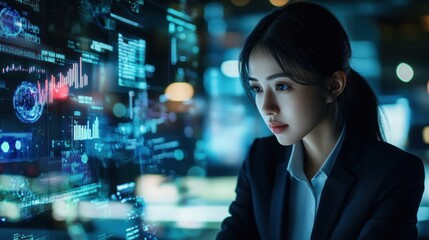 Obraz premium Woman focused on a holographic display