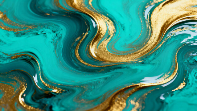 Abstract paint swirl in vibrant turquoise and gold, fluid art style, glossy finish, elegant and artistic, ultra-high definition, copy space on left, modern wall art background