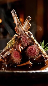 Premium grilled lamb chops with a juicy pink center and herb crust in elegant restaurant lighting