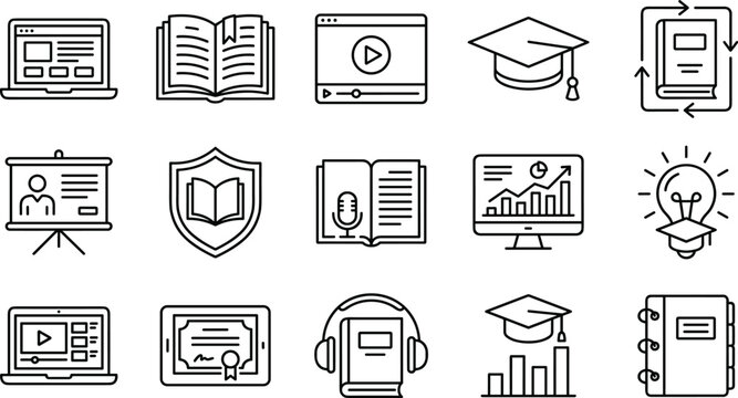 Online education and digital learning platforms thin line icon set