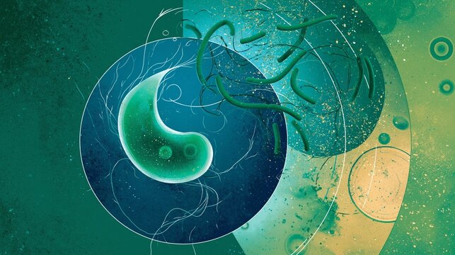 Under a microscope, a freshwater ciliate drifts beside rod-shaped bacteria in blue-green lake water, with visible nutrient particles, cell membranes.