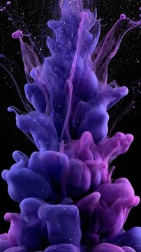 Purple and blue ink swirls mixing with sparkling particles against a black background