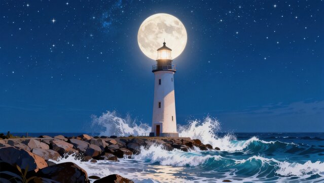 Lighthouse by the sea under moonlight