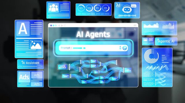 Digital Interface Displaying Concept of AI Agents with Graphics, Charts, and Data Flow Diagrams in a Futuristic Workspace Setting Sigmoid